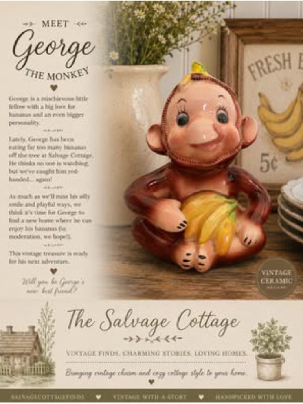Cute Brown Ceramic Monkey Figurine with Yellow Banana - Decorative Accent